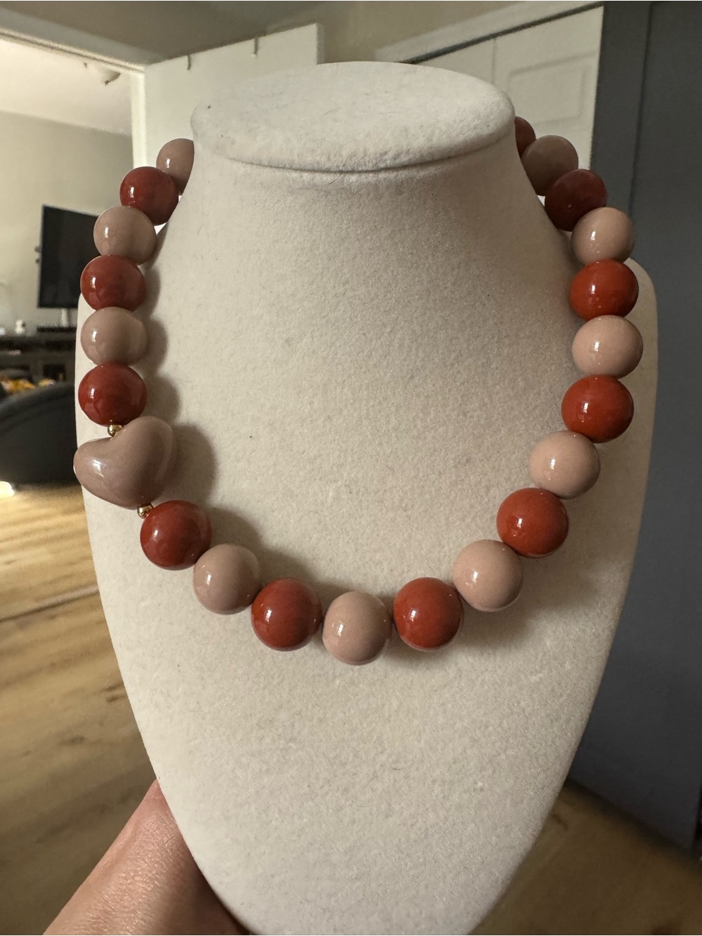 Two-Tone Pink and Coral Beaded Necklace with Heart Accent